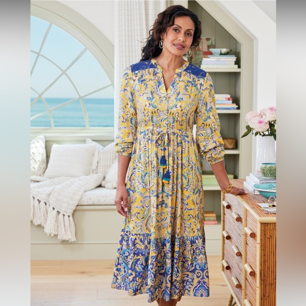 NWOT Soft Surroundings Mandisa Midi Dress Yellow and Blue Coastal Size Petite XL